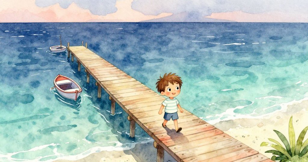傍晚時分，喬納斯走在木製碼頭上，從鳥瞰視角看見小船與海浪，情緒平靜而期待。