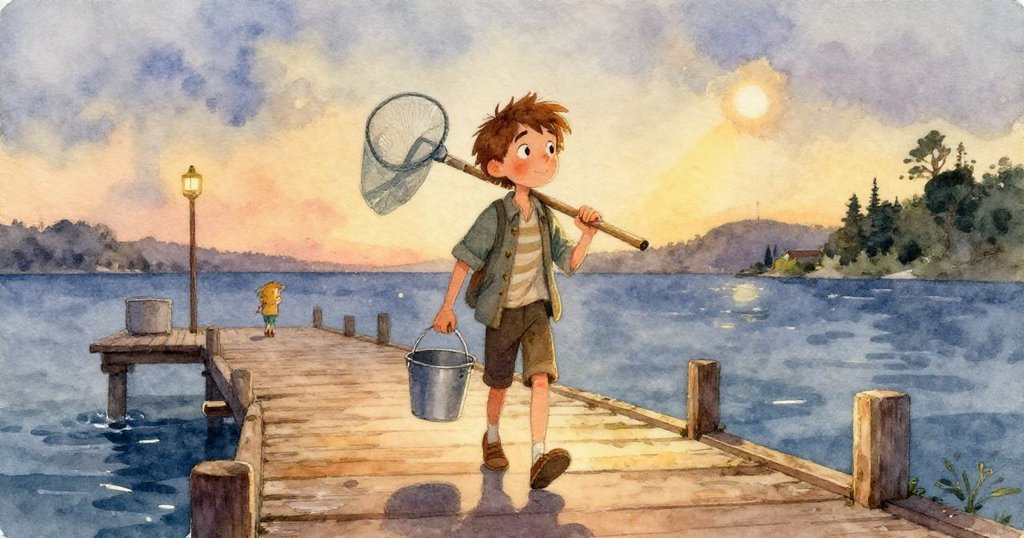 喬納斯的腳步在搖晃的木板上，水波輕拍，描繪初步探險的溫暖期待。