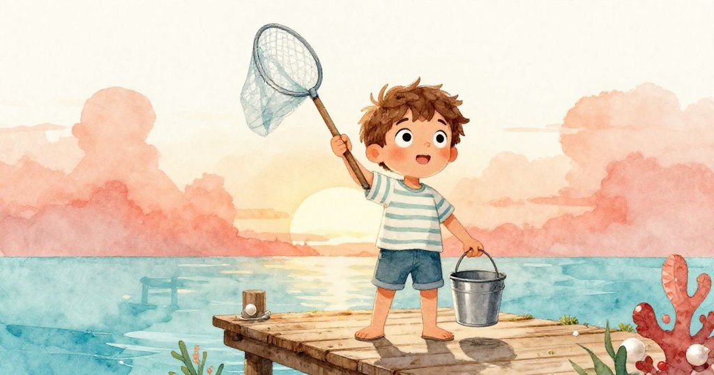 俯視角下喬納斯站立，手持捕魚網與小桶，眼神專注顯露堅定冒險精神。