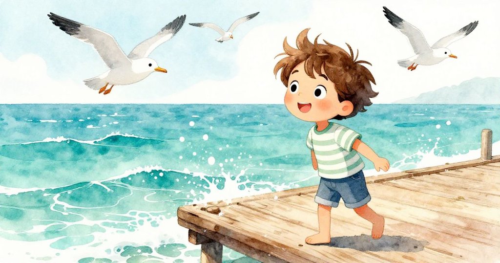 溫柔海風拂過喬納斯，海鷗鳴叫，鹹水輕輕灑落，氣氛生動愉快，充滿動感與自然美。