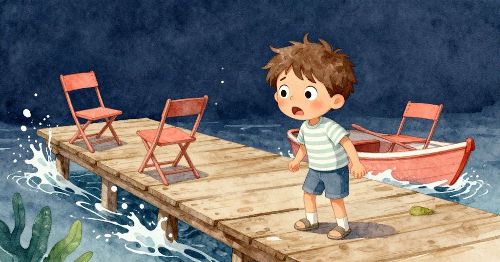 隨著潮水上升，喬納斯面露焦慮迅速爬上艇，椅子與水波交錯，場景緊張中流露出智慧與勇氣。