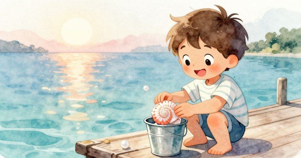 水面寧靜，喬納斯微笑著把閃亮螺殼放入小桶，象徵冒險成功與內心成長，場景溫柔且充滿希望。