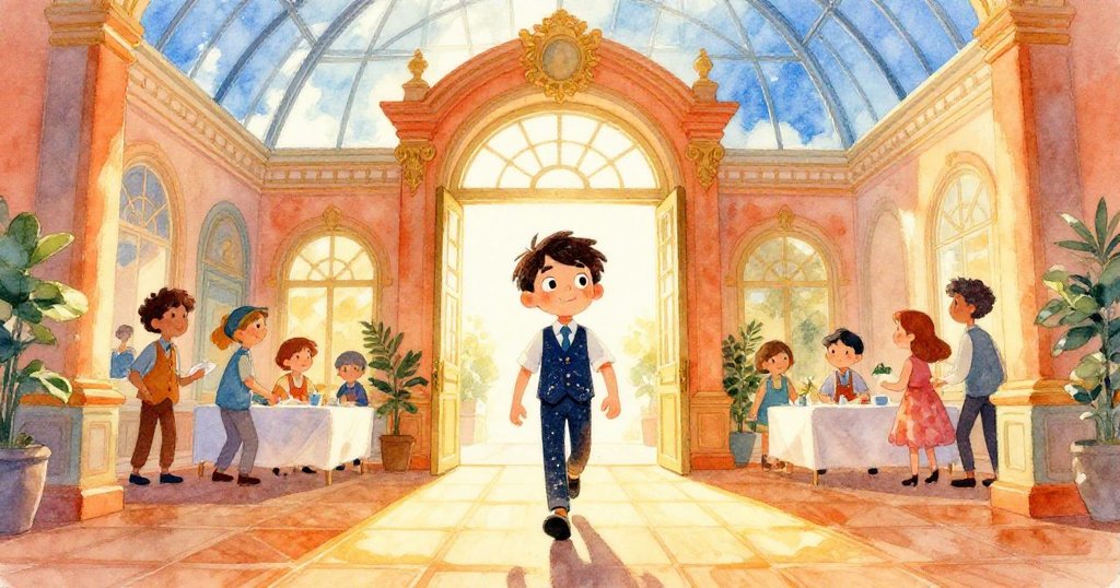 Felix 穿過充滿陽光的宮殿入口，臉上帶著期待，壯麗玻璃屋頂灑落金光於精美地板，展現歡迎氛圍。