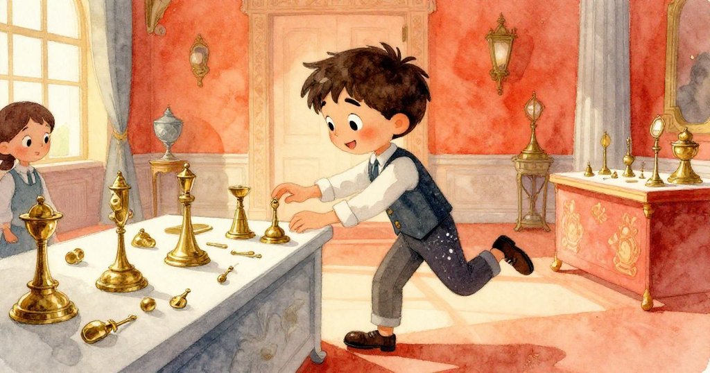 Felix 小心擺放拋光黃銅零件在展示桌上，腳步印在木地板上，背景義工忙碌，畫面動感溫暖。