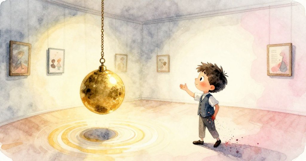 黃銅擺錘揮灑光影劃出彎曲弧線，Felix 臉上滿是驚喜，光與影交織出奇幻動感。