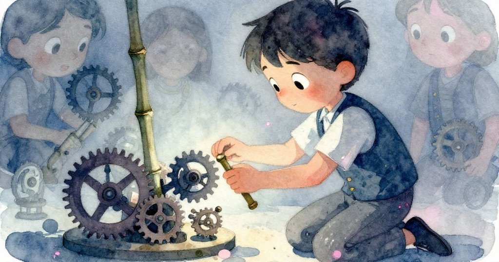 Felix 跪下用竹竿仔細調整隱藏齒輪，神情專注，雙手靈巧解決機械小故障，背景隱約顯示展廳輪廓。