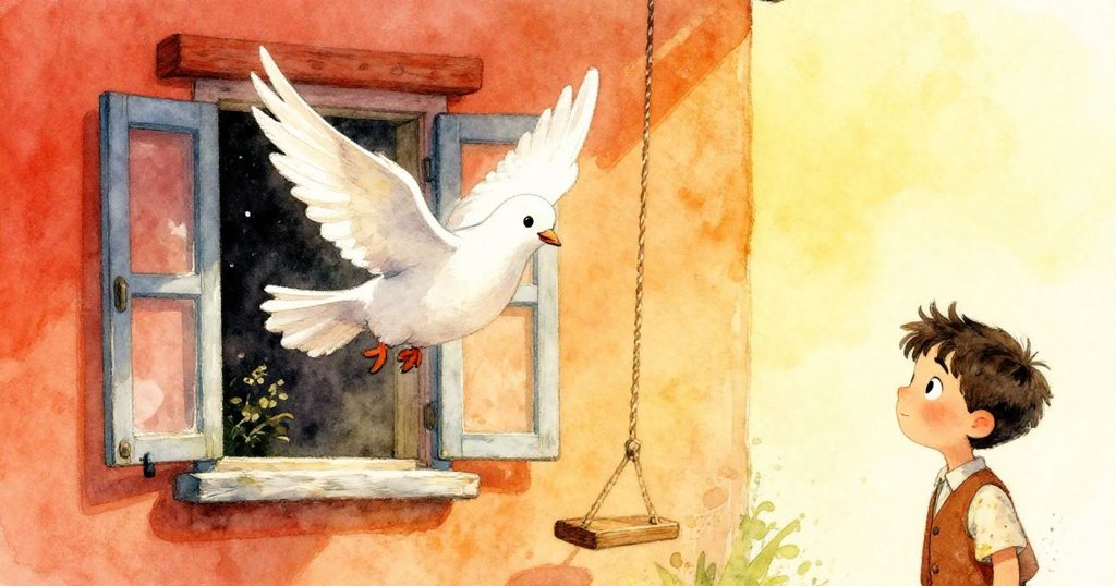 一隻鴿子從高窗飛入停在擺錘上，激起活潑動感，Felix 平靜中帶著微笑，動態光影展示快樂氣氛。