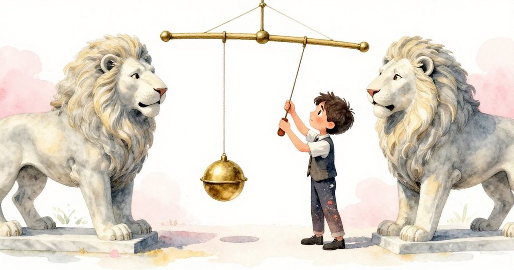 Felix 輕巧添加皮革墊圈，穩定擺錘優雅停在兩尊大理石獅子間，展覽最終在溫暖光影中達到平靜圓滿。