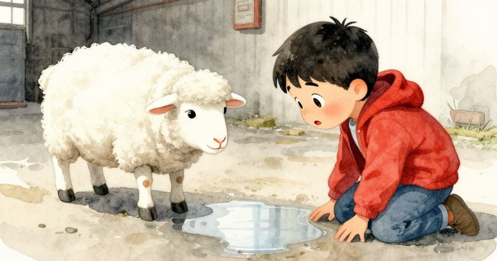 Luis蹲在濕潤地面上撿拾工具，臉上露出驚奇神情，透過反射看見遠處緩步而來的小羊，情感與動作豐富。