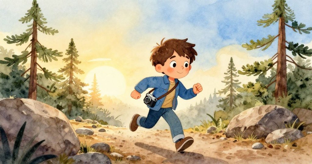 米羅急奔在崎嶇石徑上，肩背相機袋與銀罐，背景為晨光初現、稀疏松樹點綴的山丘，充滿期待與活力。