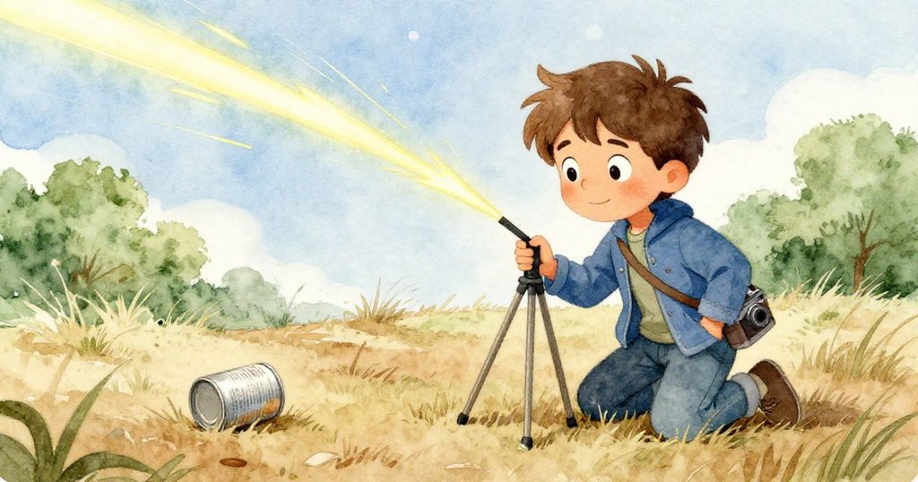 米羅驚訝跪下調整傾斜三腳架，銀罐在乾草上滾動，星光閃耀間展現緊迫與動感場景。