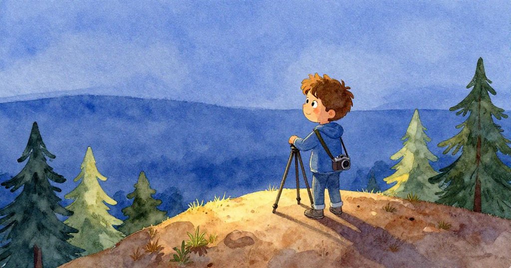 米羅在山頂設置三腳架，從高處望見深藍地平線與稀疏松樹，展現冒險與寧靜交織的自然景致。