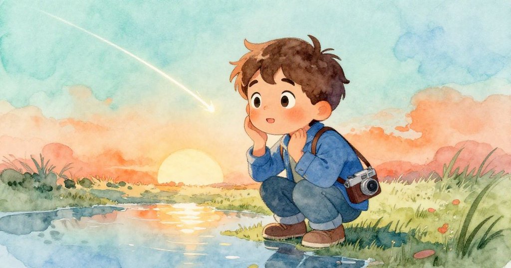 米羅俯身凝望水坑中閃爍的流星痕跡，眼神充滿驚奇，背景暮光柔和，與乾草共譜魔幻瞬間。