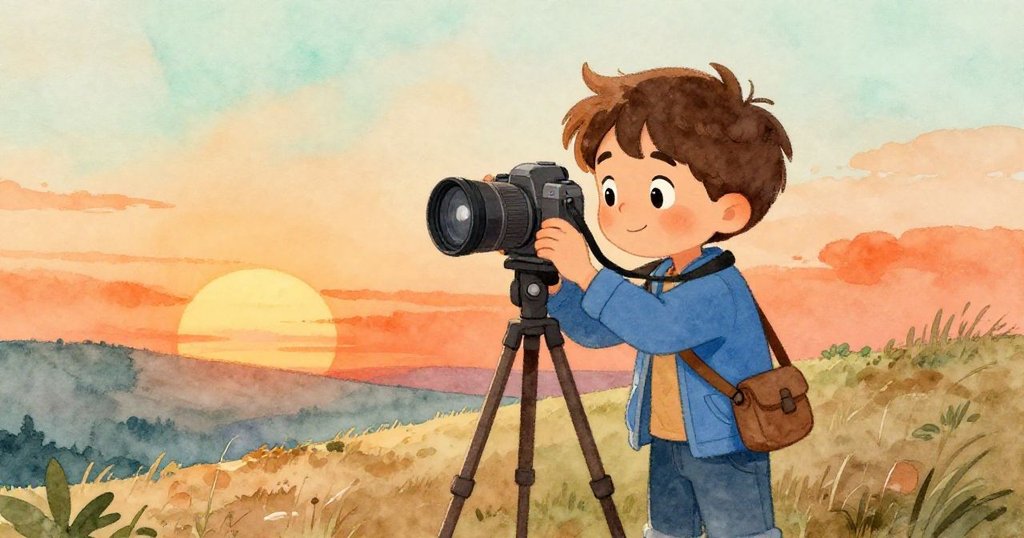 米羅在夕陽餘暉中微笑整理三腳架與相機，背景展現溫暖落日與靜謐山丘，畫面充滿滿足與平和。