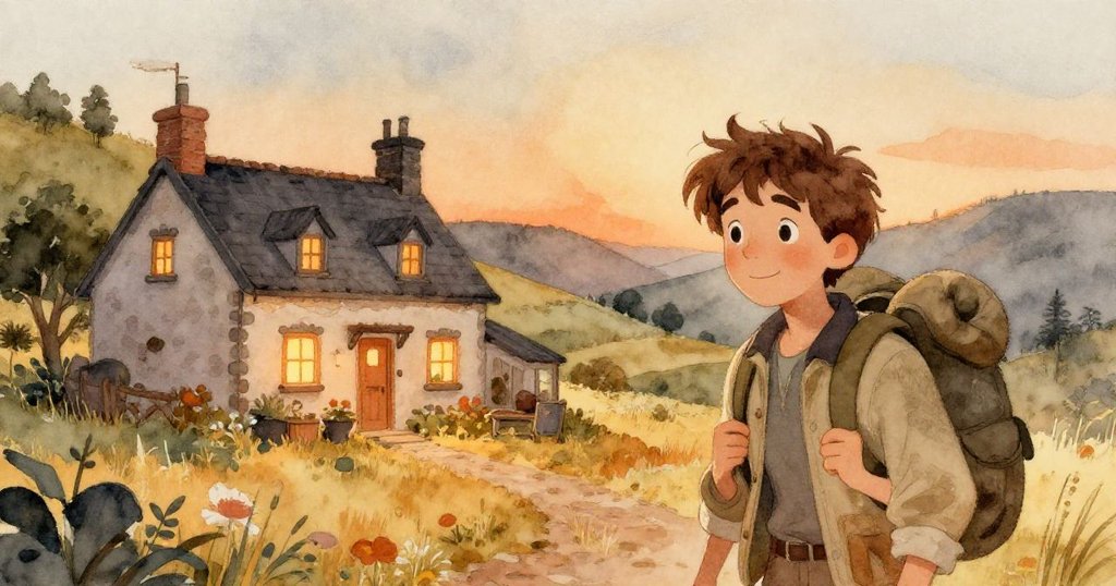 米洛走向山坡小旅館，天邊微光映照窗戶，表情期待溫暖早晨，背景包含早起客人及柔和晨霧。