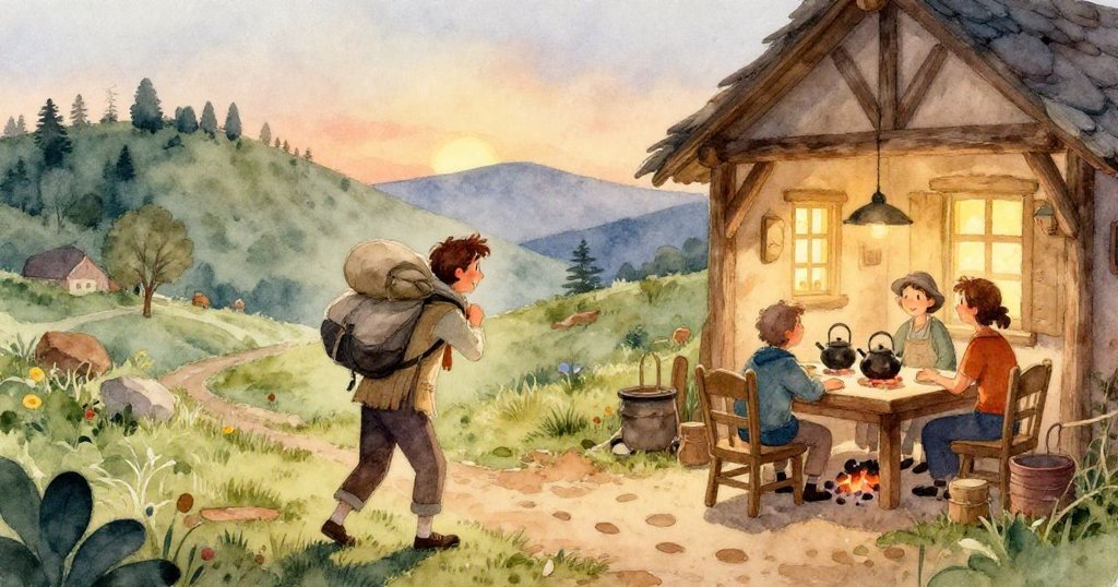 米洛伸手觸摸古舊玻璃門的黃銅門閂，微風吹動門框，細節清晰展現靜謐而魔幻的早晨瞬間。