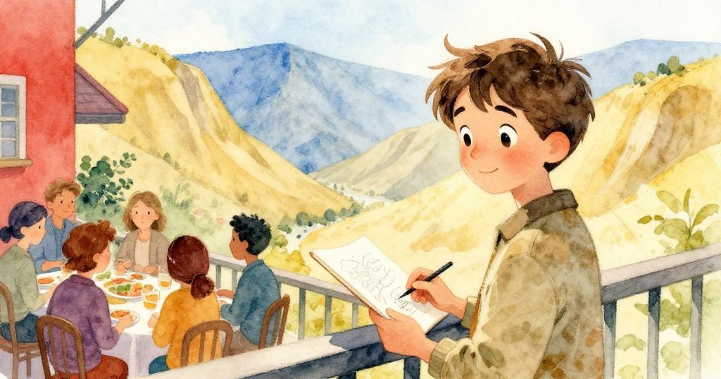 米洛站於陽台門口，透過層次景深看見餐廳裡交談客人和遠處雄偉山谷，心中充滿期待與探索。