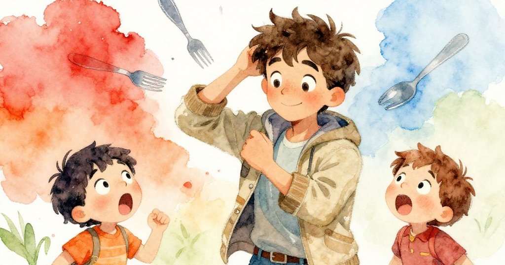 米洛穩定身形於陽台旁，孩子驚呼、餐具停歇在空中，整個畫面表現瞬間緊張及變化前的期待。