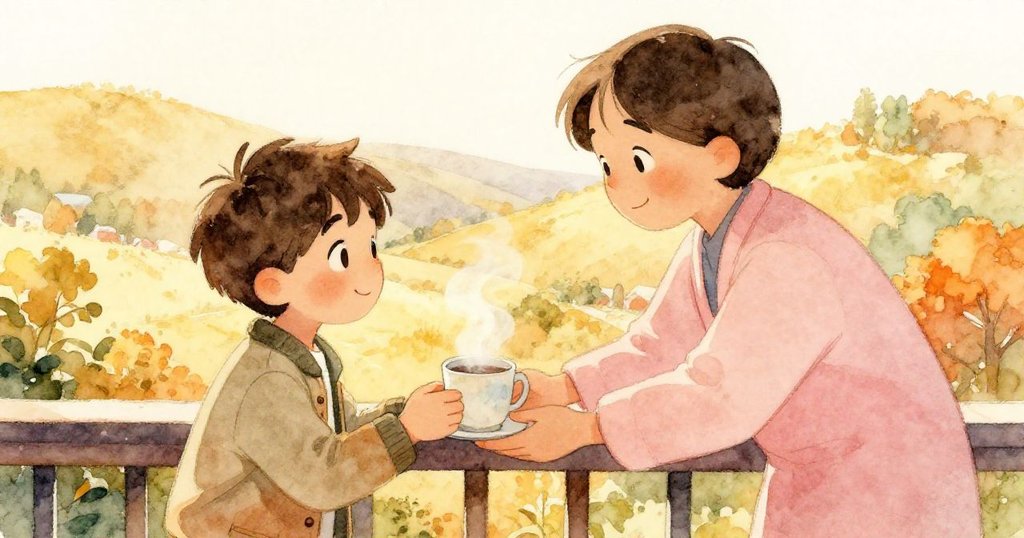 米洛在陽台上接過服務生遞來的熱飲，初升太陽灑滿山谷，表情感激且充滿創作靈感，完美收束旅程。