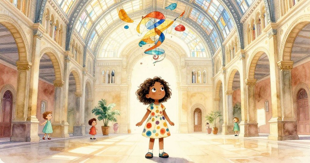 妮婭走進光芒閃爍的博物館大廳，動態雕塑與彩玻璃交織，她滿懷好奇與期待探索崭新奇景。