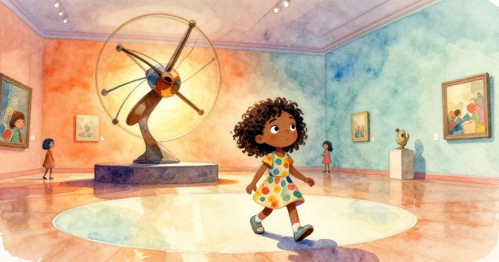 妮婭踏向地上繪製的大圈圈，抬頭欣賞緩轉金屬雕塑光影交錯，流露出堅定與好奇心。