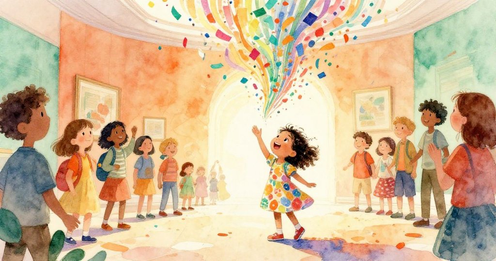 妮婭在博物館大廳中歡笑，彩紙紛飛覆蓋全場，眾人快樂互動，結局溫馨愉悅呈現突破困局。