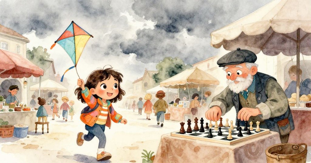 在灰色雲層下的市場廣場，Lyra手持鮮豔風箏入場，老者正布棋局，預示暴風雨前的寧靜氛圍。