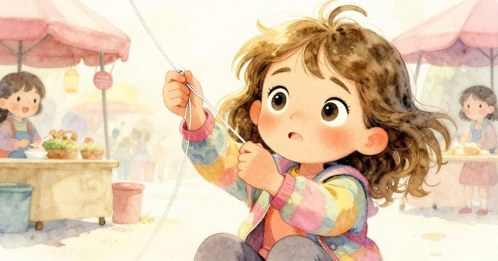 Lyra正專注解開風箏線上的結，面部表情充滿決心與些微擔憂，市場背景柔和朦朧。