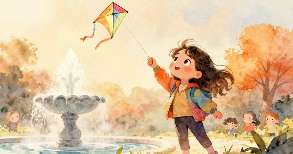 從低角度看Lyra在噴泉前堅定舉起雙臂，風箏高飛，她的神情充滿決心與勇氣，市場氛圍隱現。