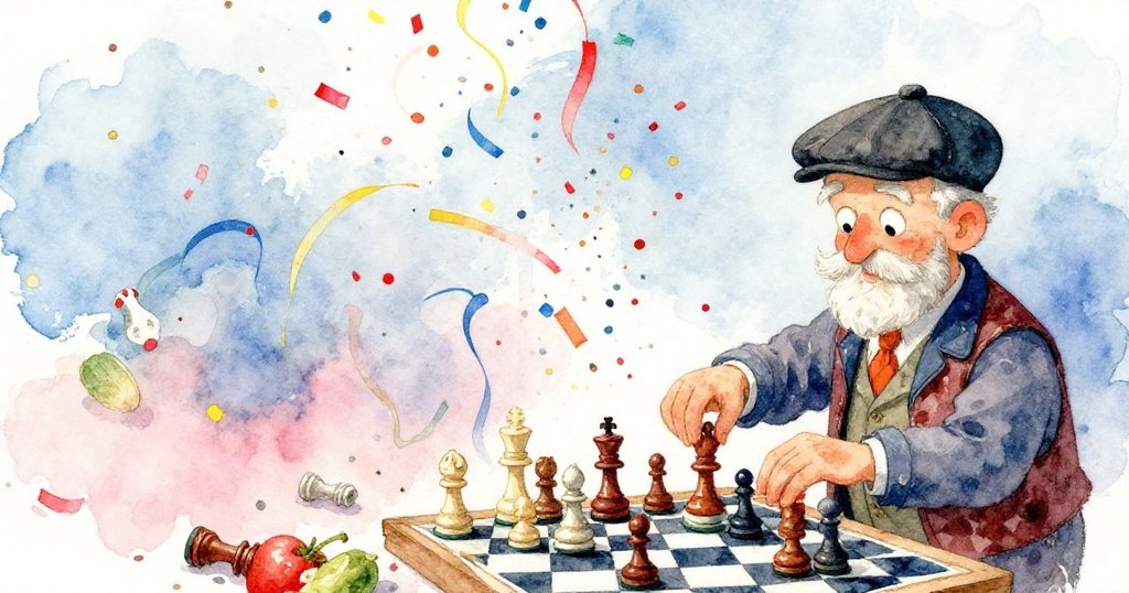 回憶色調中，節日炮彈誤射出彩紙與絲帶，棋子與蔬果飛散，鴿子驚飛，老者默然旁觀。