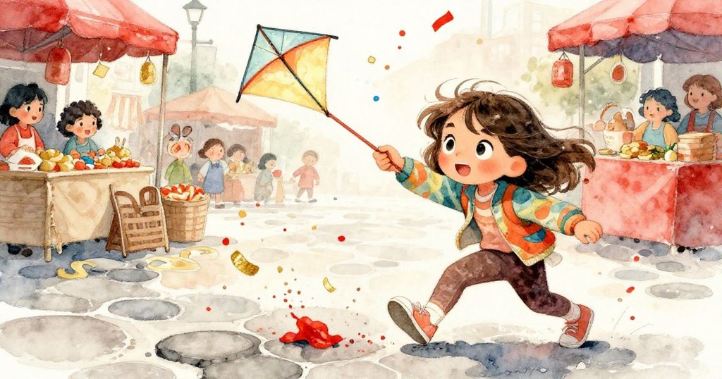 動感場景中，Lyra蹲下清掃散落彩紙，急拾因結鬆而沿濕石奔跑的風箏軸，現場充滿緊迫與活力。