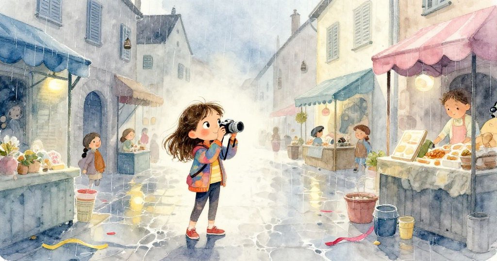 全景展示市場廣場雨後餘韻，Lyra安定按下快門折疊風箏，彩帶散落濕石上，閉合百葉窗映出日暮情懷。