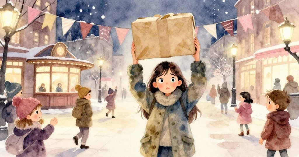 Celia走在冬夜的廣場上，手持裹紙包裹，身旁橫幅飄舞，臉上展現堅定與期待，背景有大廳及溫暖霓虹。