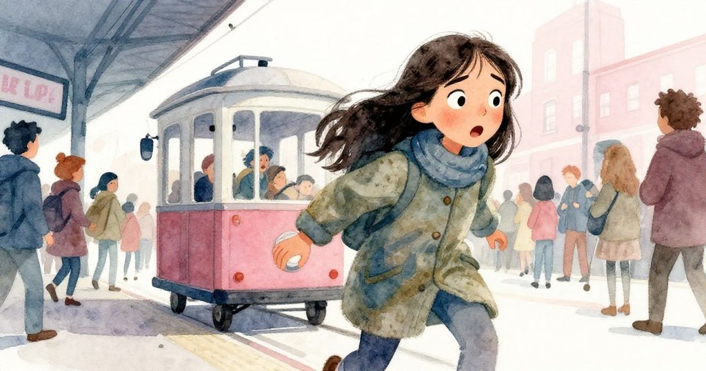 低角度呈現Celia突然被電車輕碰，側身驚慌中透出決心，背景展現繁忙站台與流動人潮，充滿都市活力。