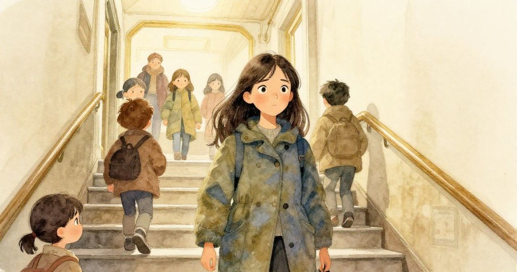 Celia急步攀登狹窄階梯，玻璃反射出通行人影與淡暖光線，內外空間過渡中帶著堅定目光。