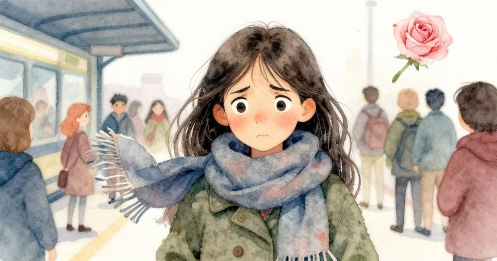 Celia專注眉頭微鎖，努力解開纏繞脫落的圍巾，背景隱約顯現車站繁忙，情緒複雜而堅毅。