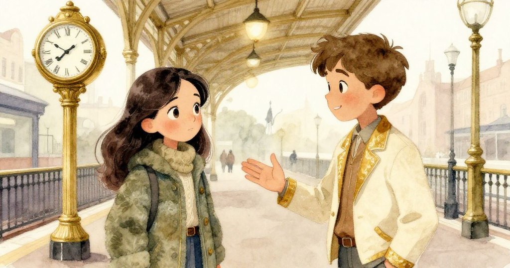 Celia在月台大廳與Rowan重逢，兩人於古銅鐘旁短暫交流，溫暖燈光與柔和光影映出解脫與依戀。