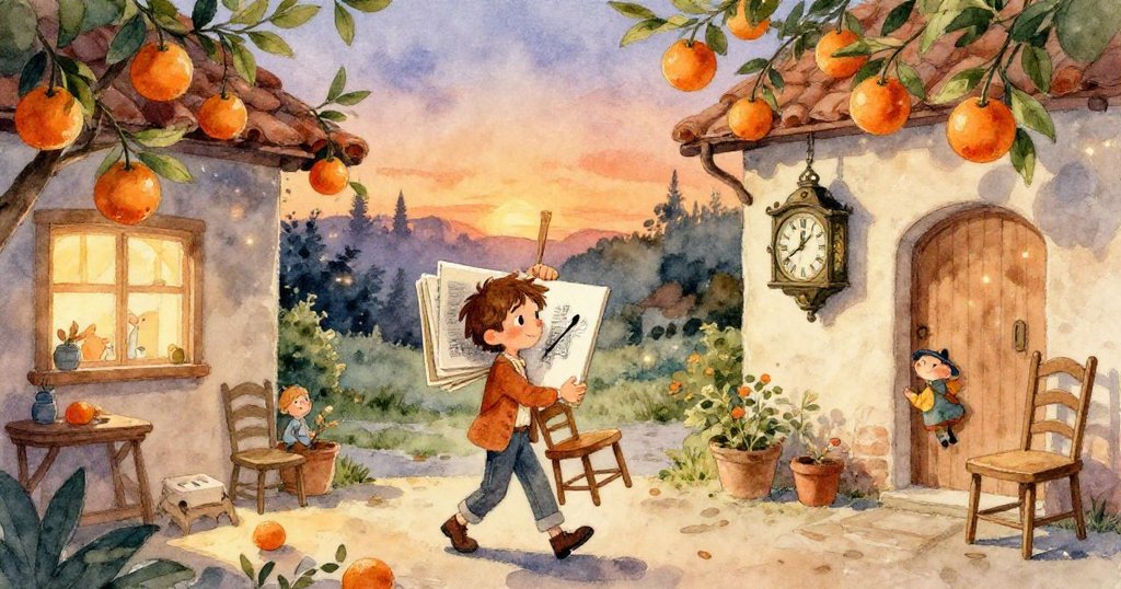 Leo正仔細排列木炭筆，他的手與草圖本在石欄旁互動，專注準備創作，背景光影柔和。