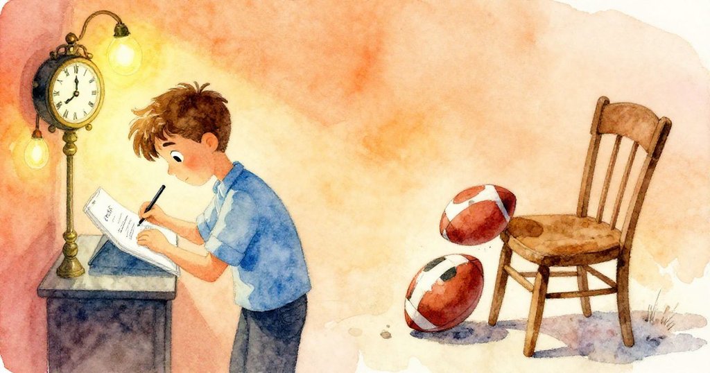 Leo一邊描繪古董鐘，一邊遇足球撞椅，分屏呈現專注與意外，庭院燈光交織下充滿趣味。