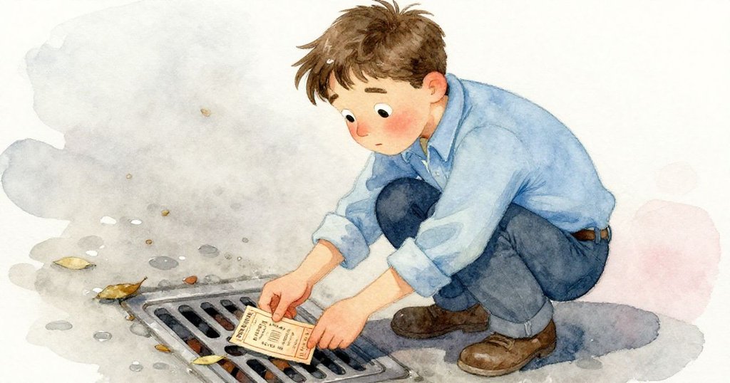 Leo蹲下在排水溝邊，小心探查濕葉中發現老劇院票，神情驚喜且懷舊，色調柔和。