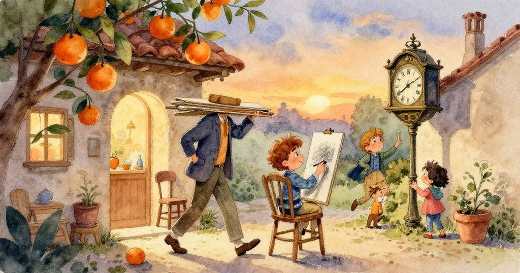 庭院裡足球急速滾動留動態軌跡，攤販追逐中燈籠搖曳，忙碌市場中充滿活力。