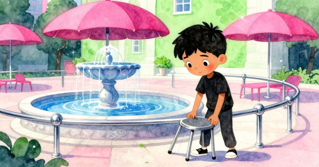 哈倫在老廣場入口展開凳子，陽光照耀下鮮豔的咖啡店遮陽傘和石地環境，表情堅定準備開始創作。