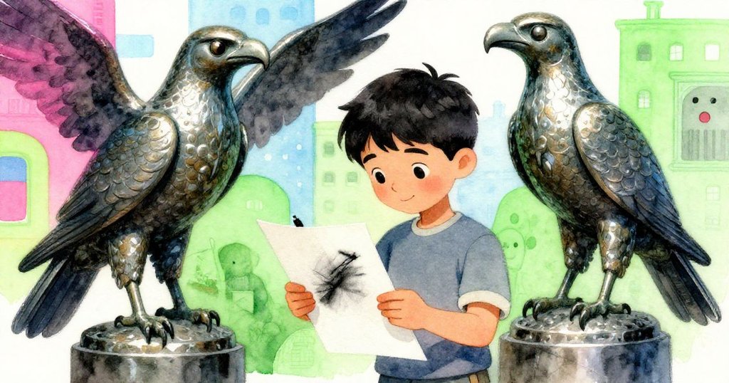 哈倫擺放炭筆與紙張，旁邊矗立著莊嚴青銅獵鷹雕像，他專注的動作展示了藝術與歷史之間的對比。