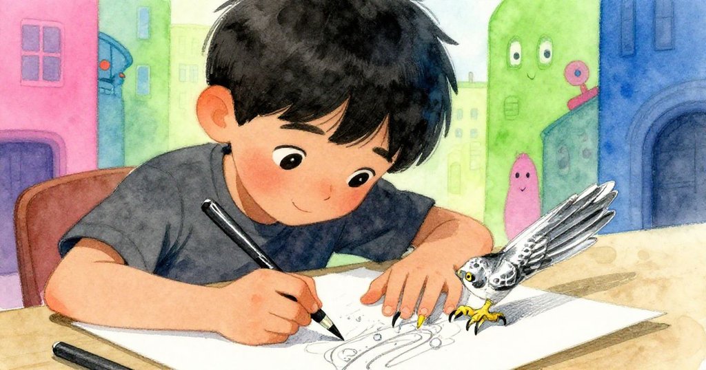 哈倫聚精會神描繪獵鷹爪曲線，近鏡展現他專注神情與炭筆細膩線條，水滴輕觸紙面增添意外美感。