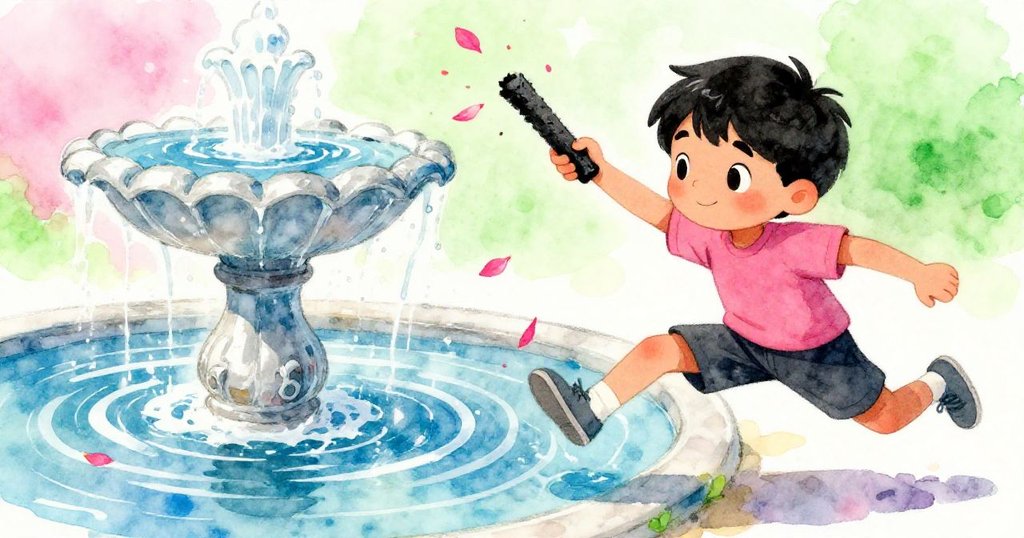 炭筆突然滑落入噴泉邊緣，水波蕩漾中散落花瓣，哈倫迅速躍起伸手追趕，動作敏捷充滿驚喜。