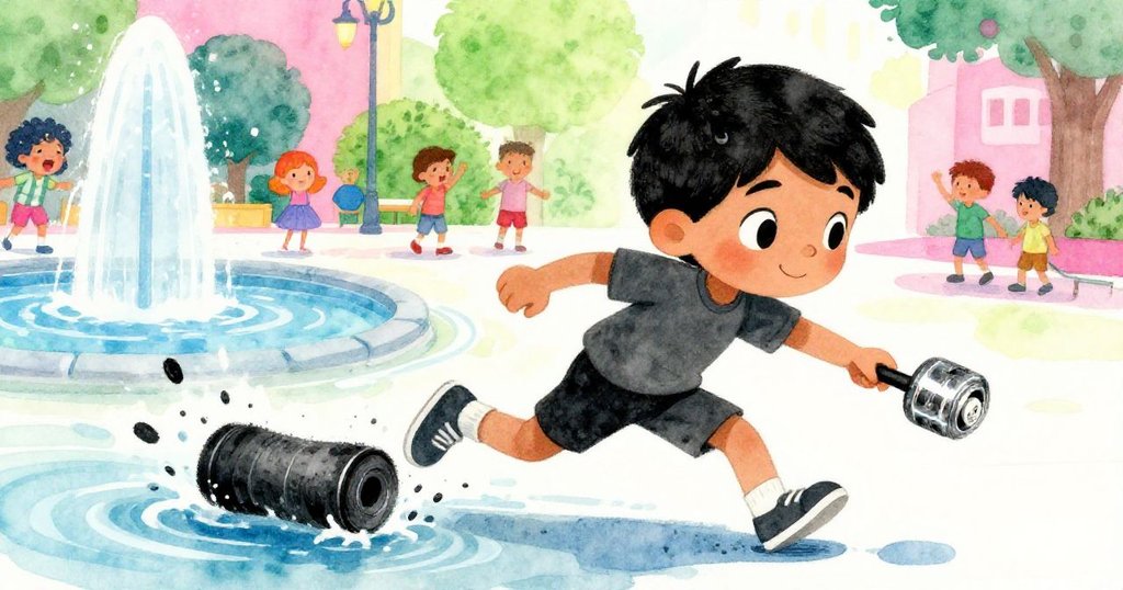 哈倫追趕滾動炭筆，凳子傾斜袖子觸碰噴泉邊沿，廣場中人群偷偷注目，充滿緊張與活力。