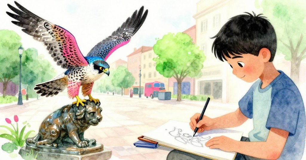 真正的獵鷹優雅降落於青銅雕像上，哈倫平靜拿著新稿紙重新作畫，廣場邊觀眾靜默注視，氛圍充滿希望與解脫。