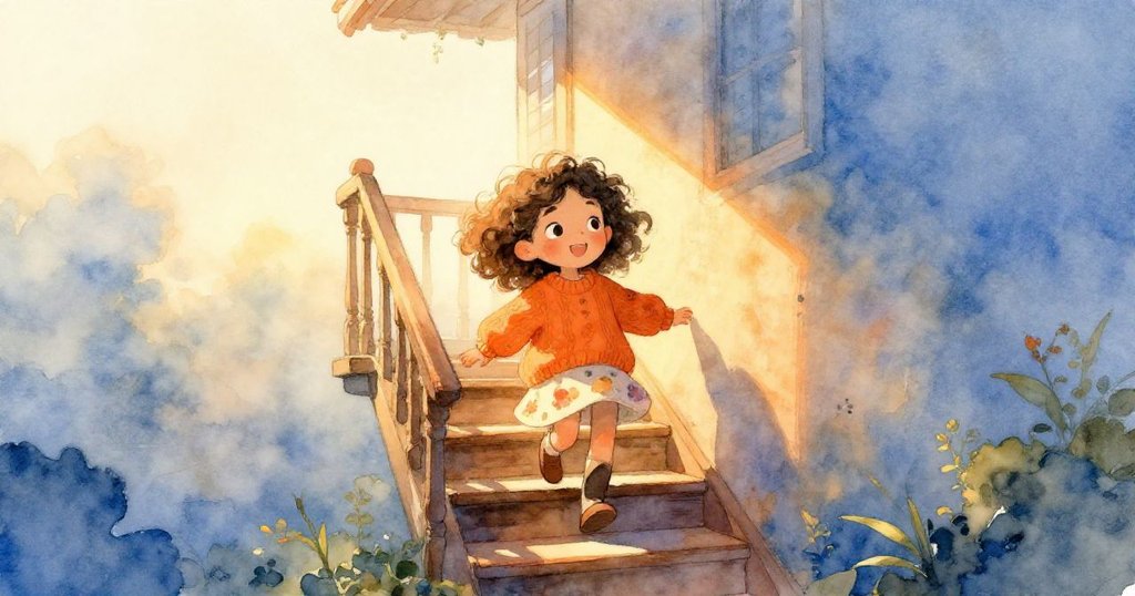 Mila手持紅色小書,沿著溫暖階梯攀爬至陽光露台,晨霧柔和,臉上洋溢著期待的微笑。