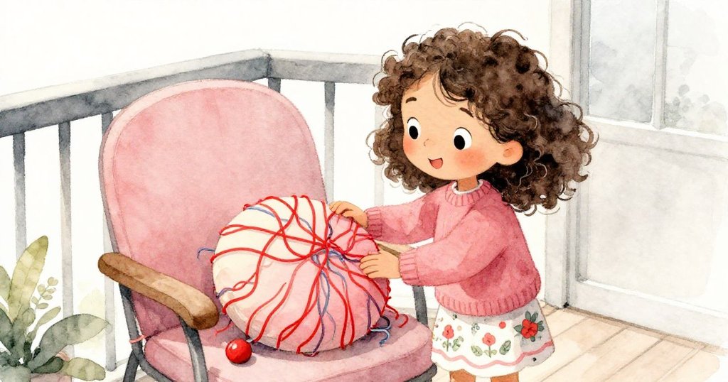 Mila站在陽光露台的扶手椅旁,好奇地注視著用亮線點綴的圓形花枕,旁邊放著紅色小書,充滿溫馨感。