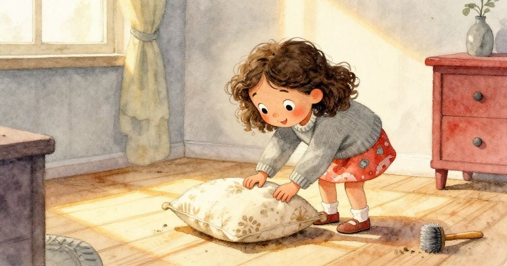 Mila蹲下拾起掉在木地板的花枕,枕上覆著淡塵,她臉上顯露出堅定與溫柔的神情,室內充滿溫暖光線。